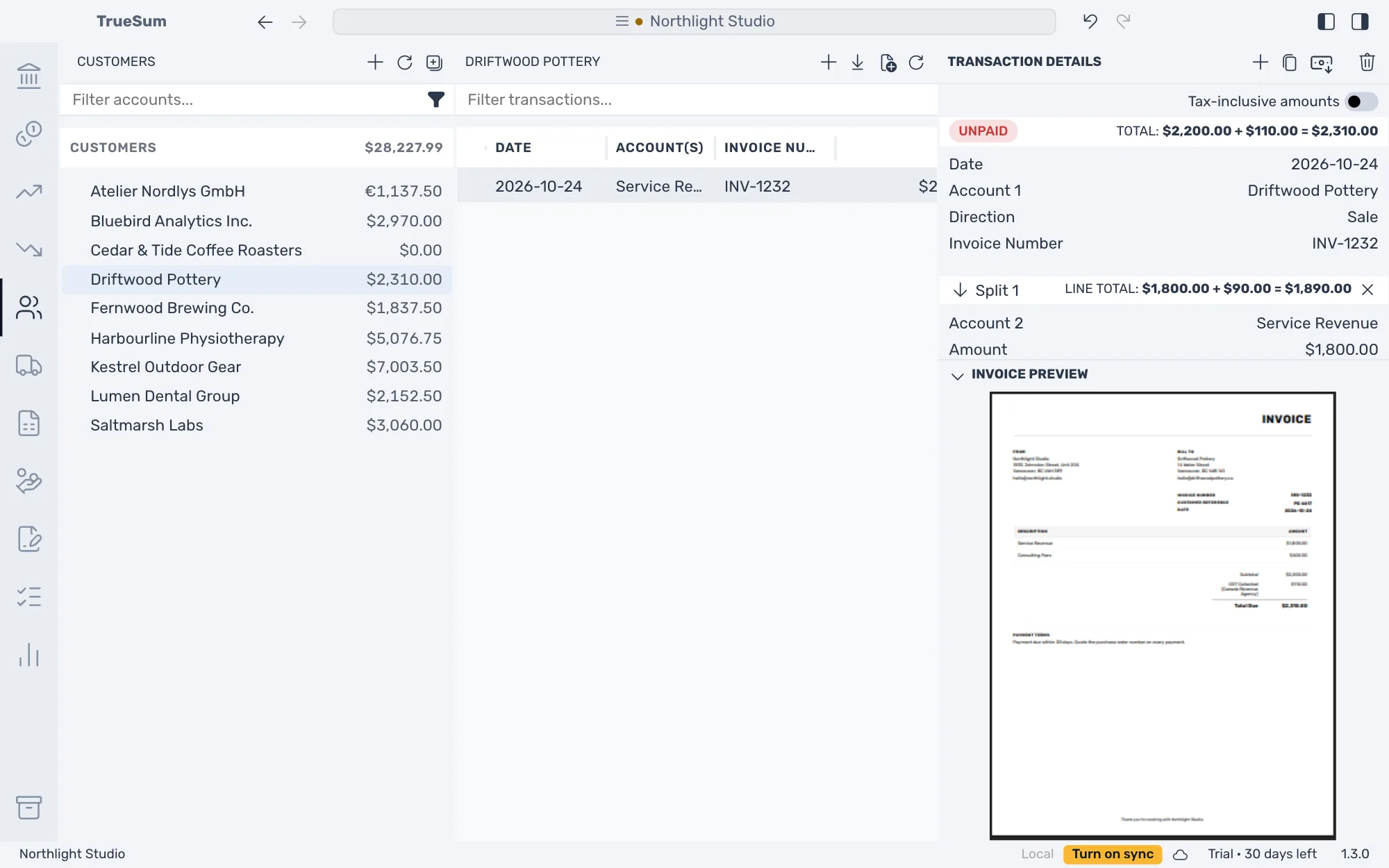 The saved invoice open for Driftwood Pottery: the Unpaid badge, the total $2,200.00 plus $110.00 equals $2,310.00, and the Invoice Preview under the form, with the customer's balance of $2,310.00 in the sidebar