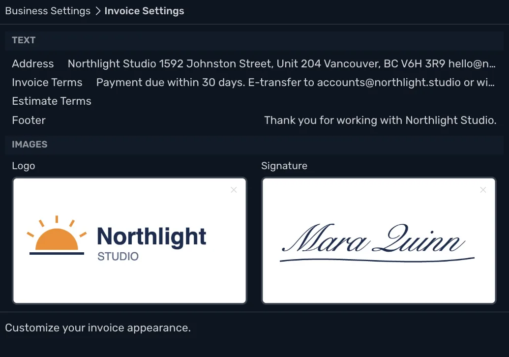 The Invoice Settings window: Address, Invoice Terms, Estimate Terms and Footer, and a Northlight Studio logo and a handwritten signature in the Logo and Signature boxes