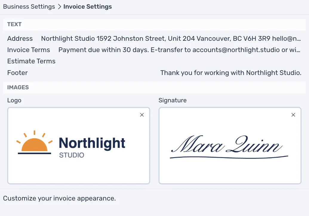 The Invoice Settings window: Address, Invoice Terms, Estimate Terms and Footer, and a Northlight Studio logo and a handwritten signature in the Logo and Signature boxes