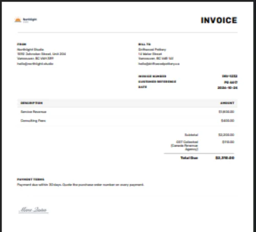 The invoice preview with the logo at the top left and the signature under the payment terms