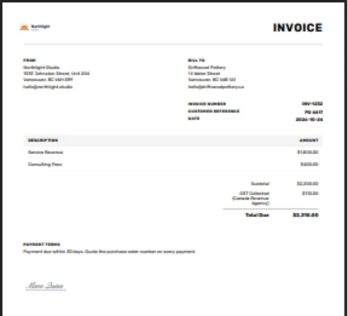The invoice preview with the logo at the top left and the signature under the payment terms