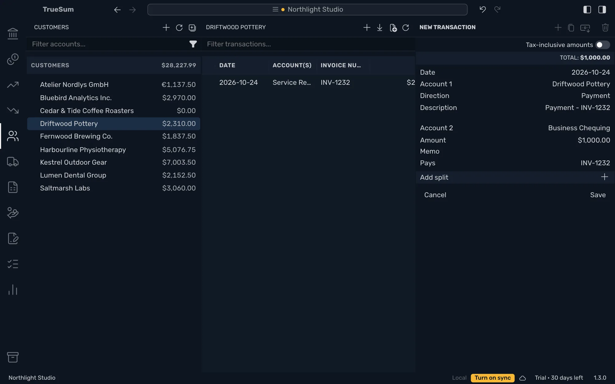 A new payment for Driftwood Pottery: Payment, Account 2 Business Chequing, an amount of $1,000.00 and the Pays line reading INV-1232, with Save ready to press