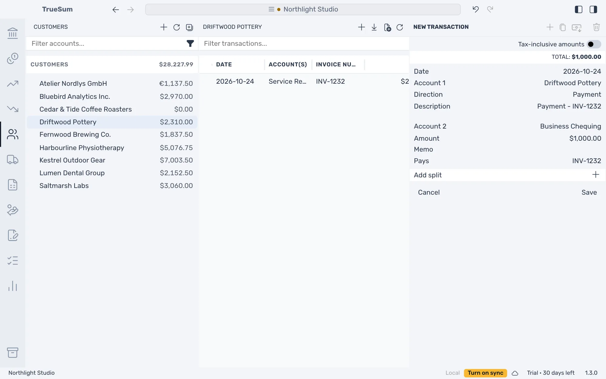A new payment for Driftwood Pottery: Payment, Account 2 Business Chequing, an amount of $1,000.00 and the Pays line reading INV-1232, with Save ready to press