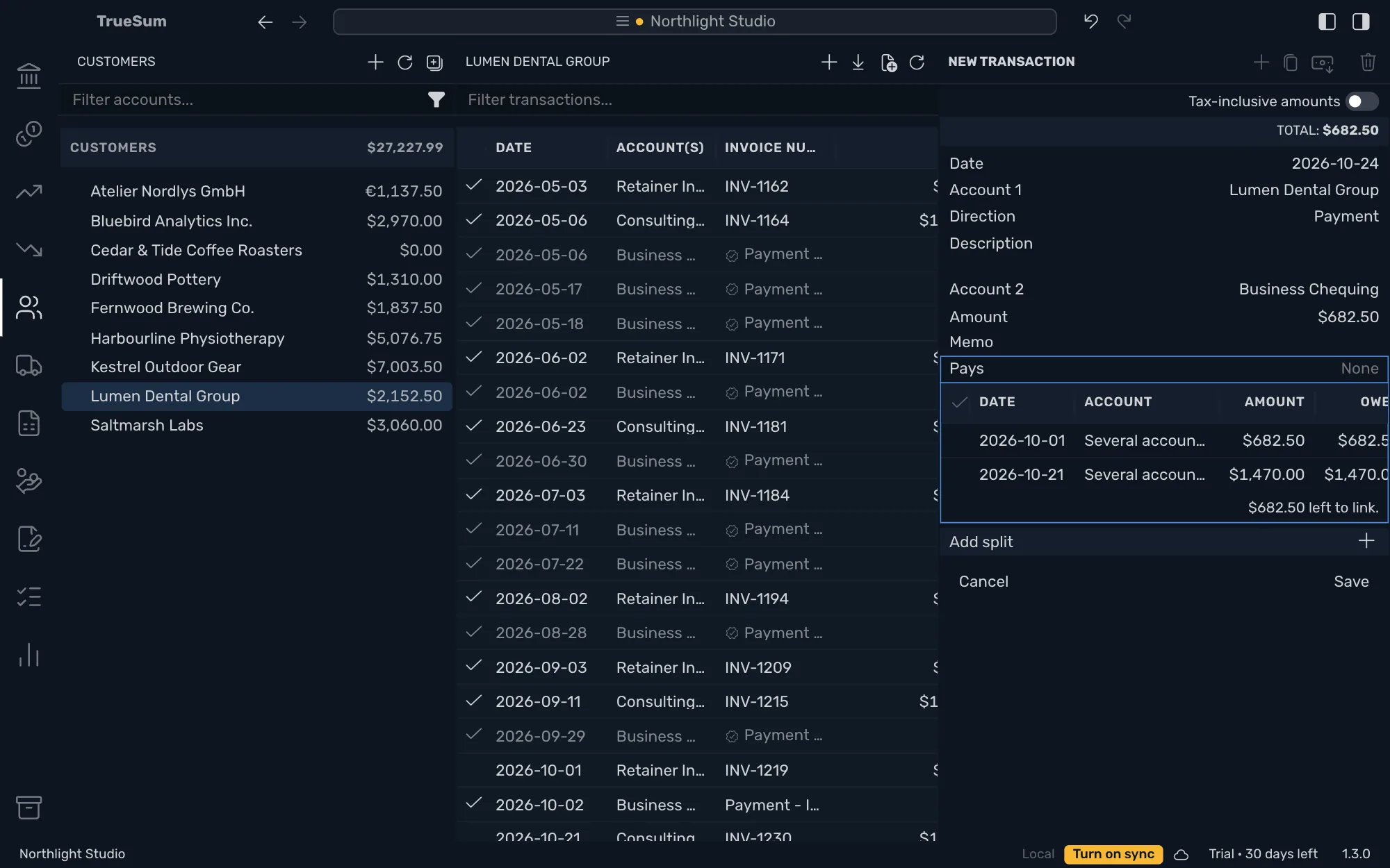A new payment for Lumen Dental Group of $682.50 with the Pays line open: a table of two invoices with Date, Account, Amount and Owes, and $682.50 left to link
