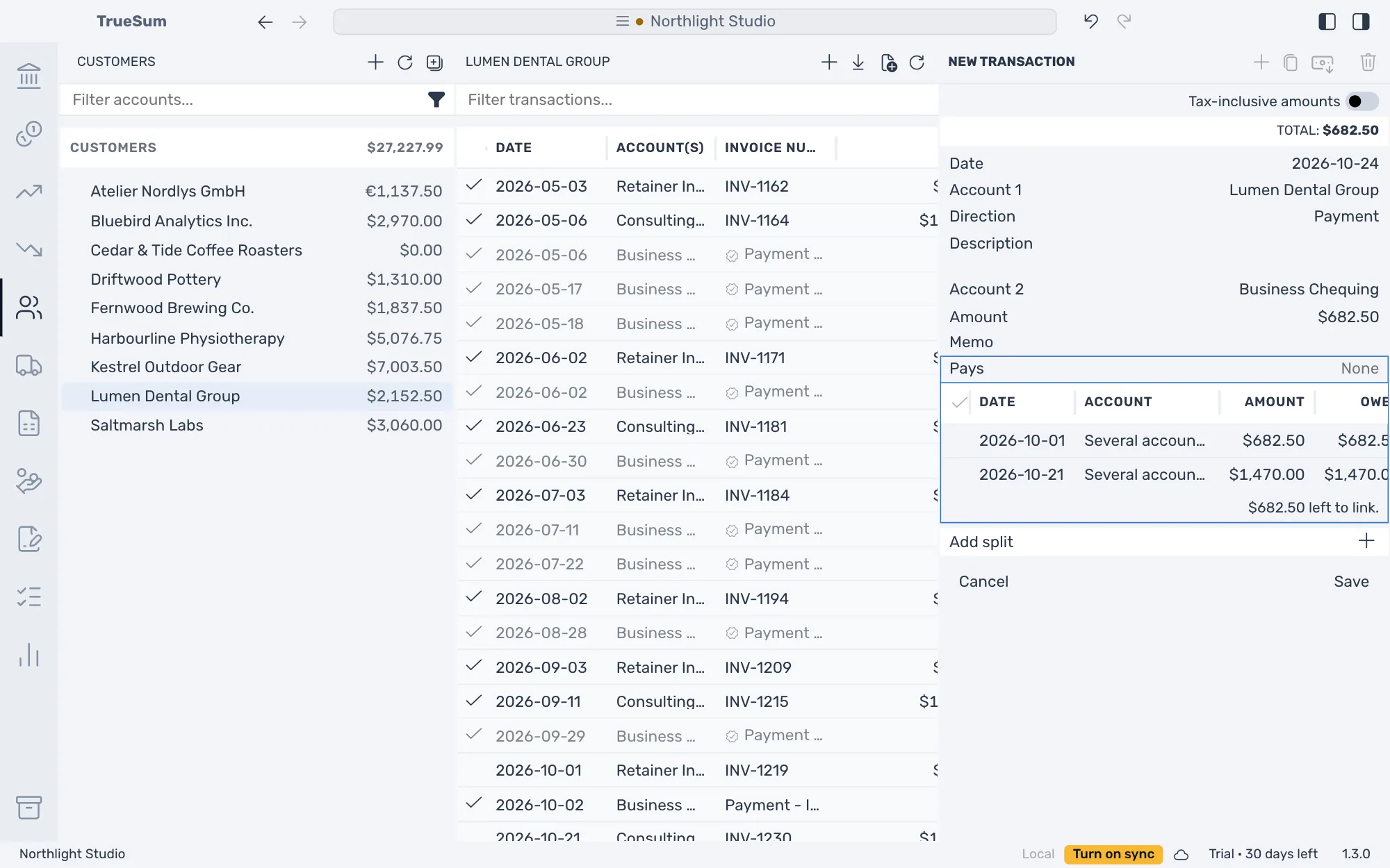 A new payment for Lumen Dental Group of $682.50 with the Pays line open: a table of two invoices with Date, Account, Amount and Owes, and $682.50 left to link