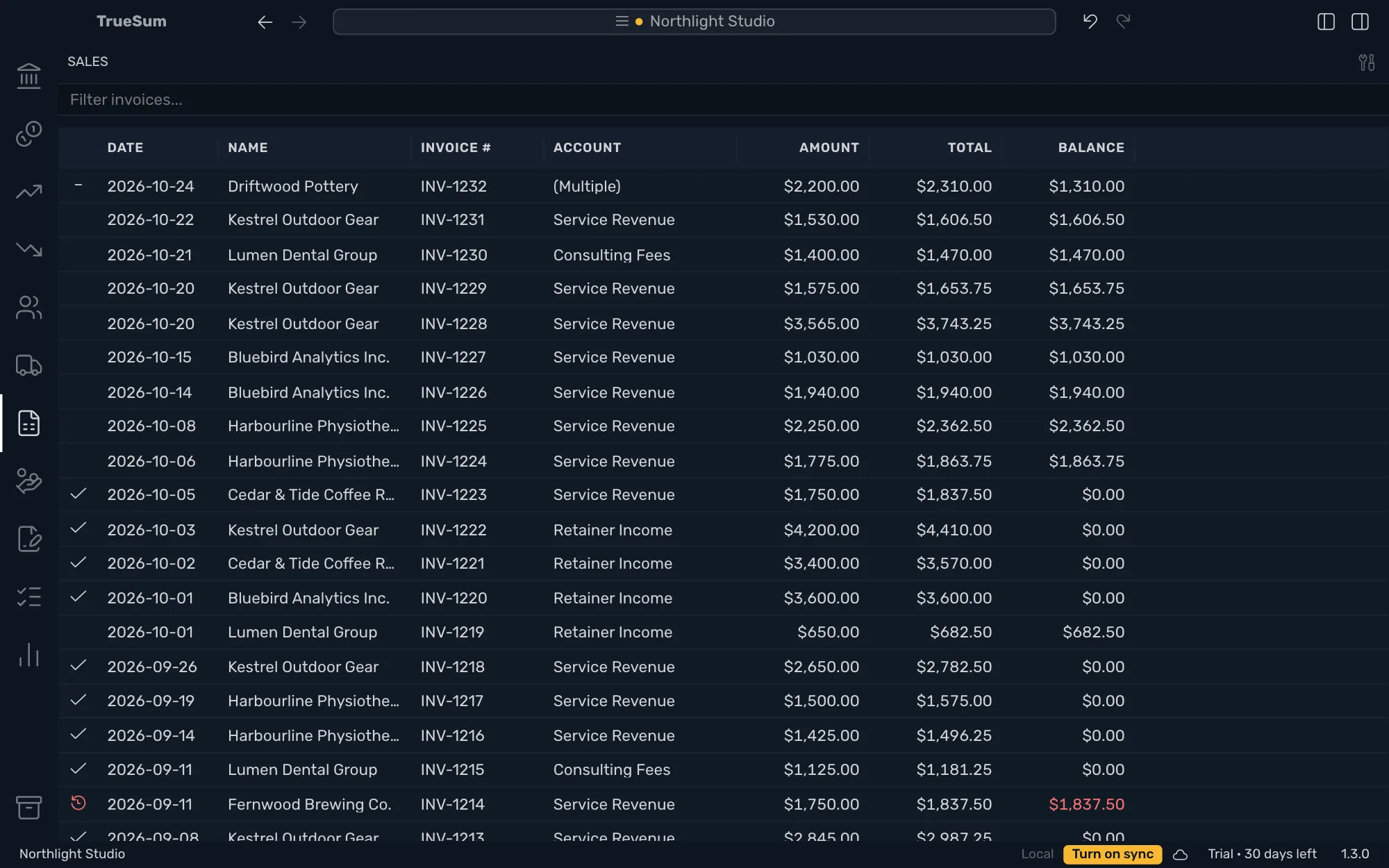The Sales list: invoices with Date, Name, Invoice #, Account, Amount, Total and Balance, a check on paid invoices, a dash on a part-paid one, and a red clock with a red balance on an overdue one