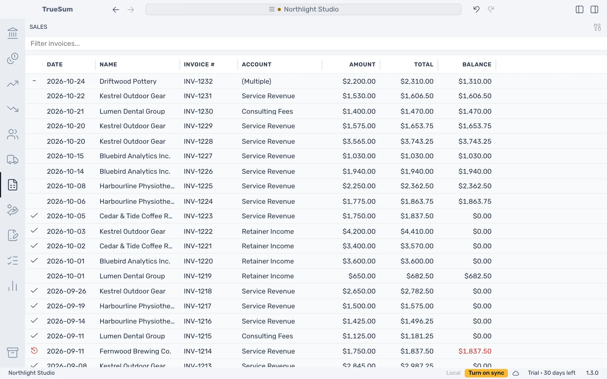 The Sales list: invoices with Date, Name, Invoice #, Account, Amount, Total and Balance, a check on paid invoices, a dash on a part-paid one, and a red clock with a red balance on an overdue one