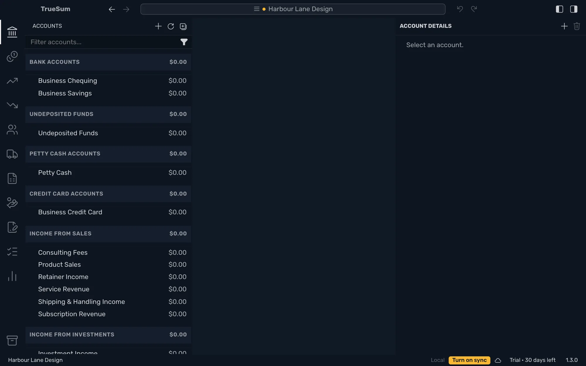 A business just created: its starting accounts in the sidebar, all at $0.00, and Select an account in the middle