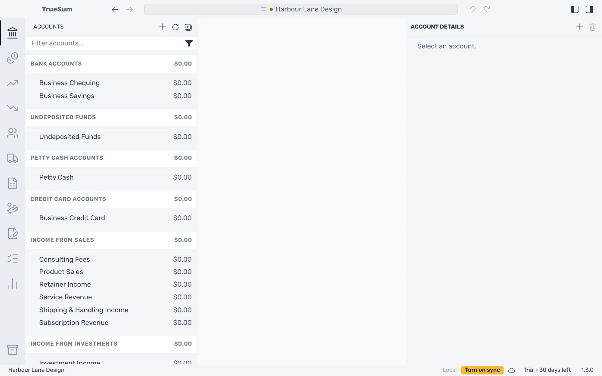 A business just created: its starting accounts in the sidebar, all at $0.00, and Select an account in the middle