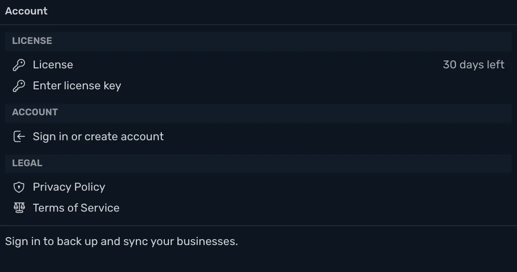 The Account window: License with 30 days left, Enter license key, Sign in or create account, and the Privacy Policy and Terms of Service