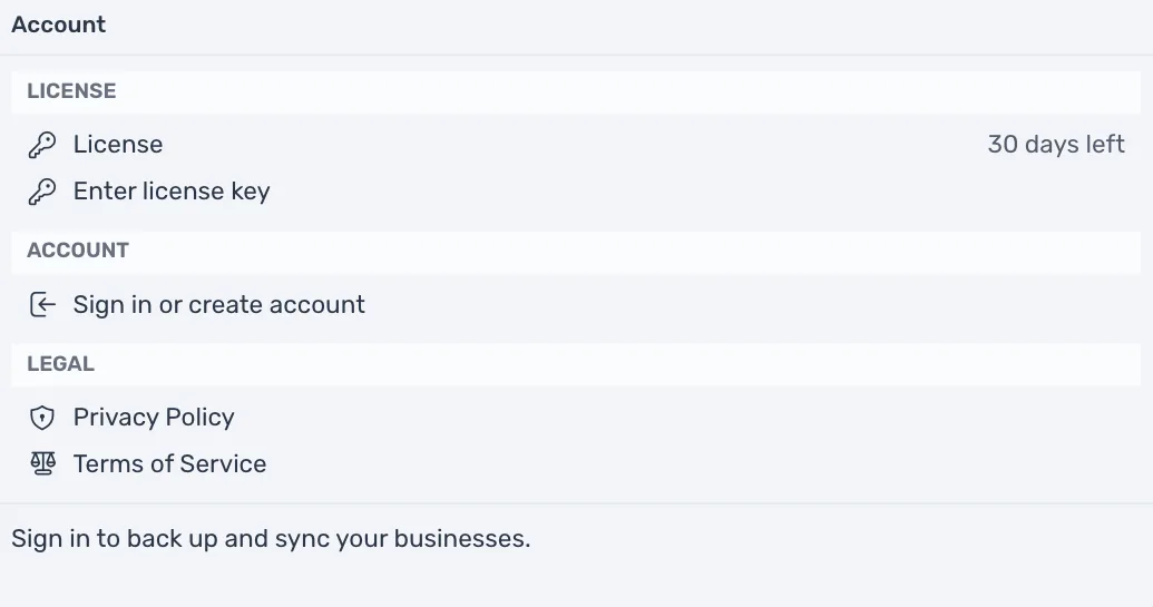 The Account window: License with 30 days left, Enter license key, Sign in or create account, and the Privacy Policy and Terms of Service