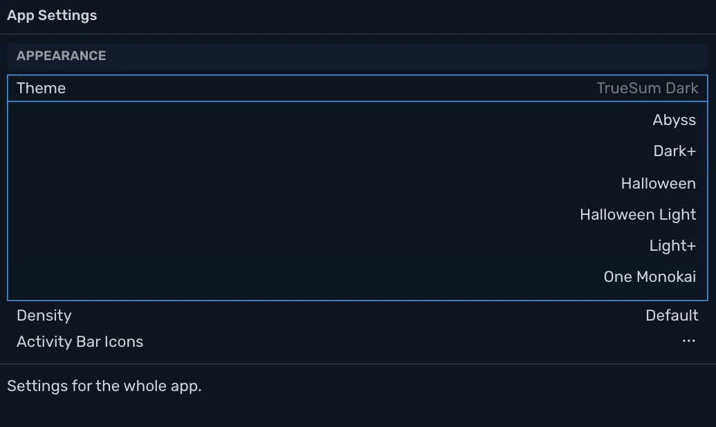 App Settings scrolled to Appearance, with the Theme field open to show the themes to choose from