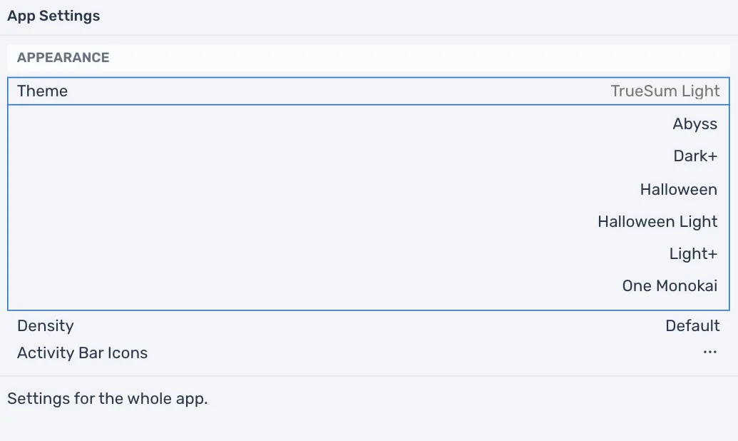 App Settings scrolled to Appearance, with the Theme field open to show the themes to choose from