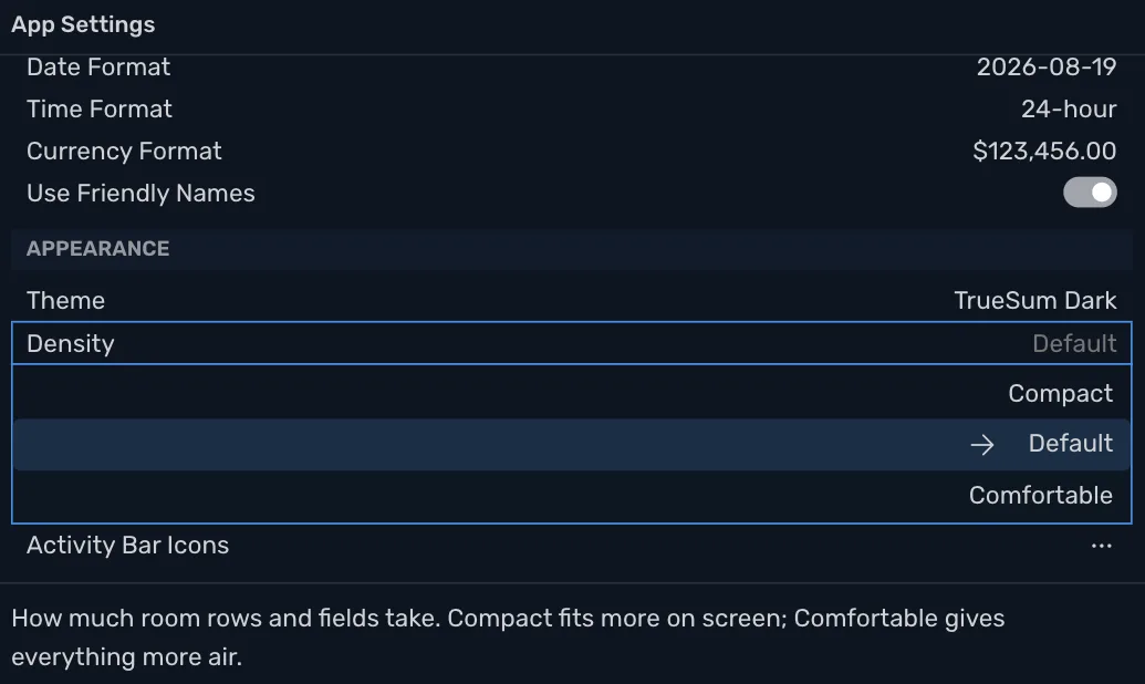 App Settings, Appearance section, with the Density field open: Compact, Default and Comfortable
