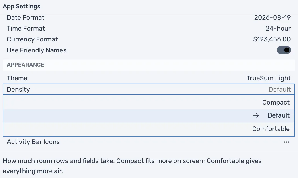 App Settings, Appearance section, with the Density field open: Compact, Default and Comfortable