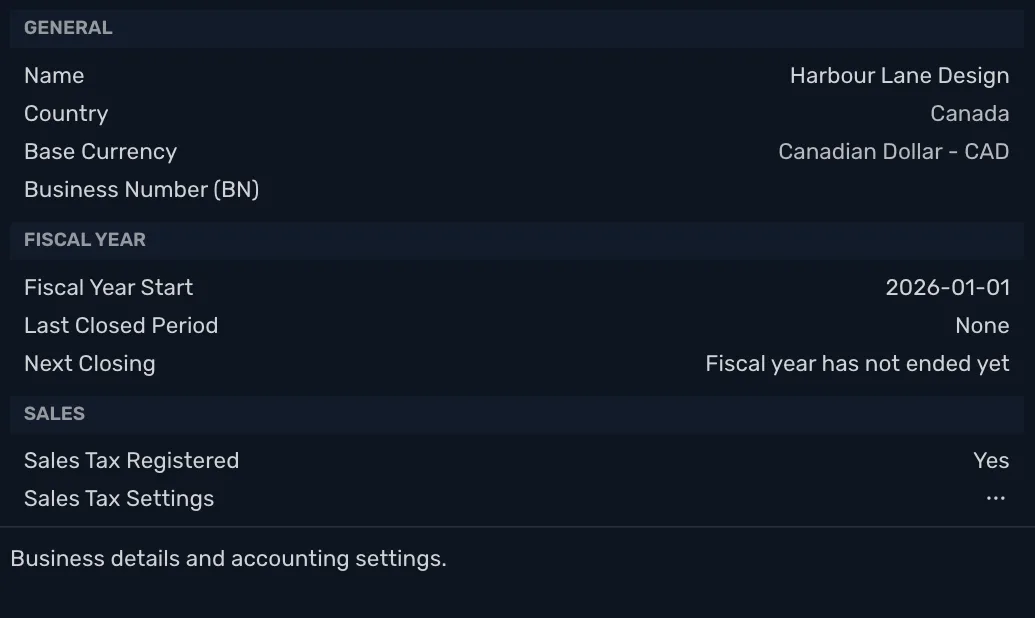 The Business Settings window, open over the new business