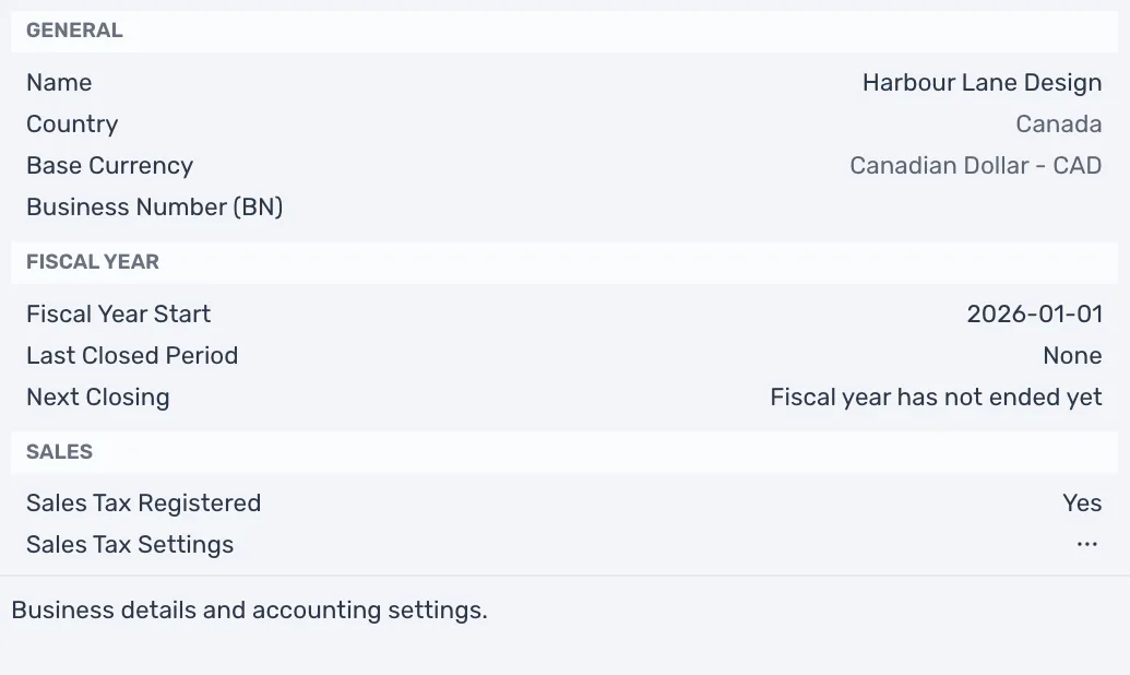The Business Settings window, open over the new business