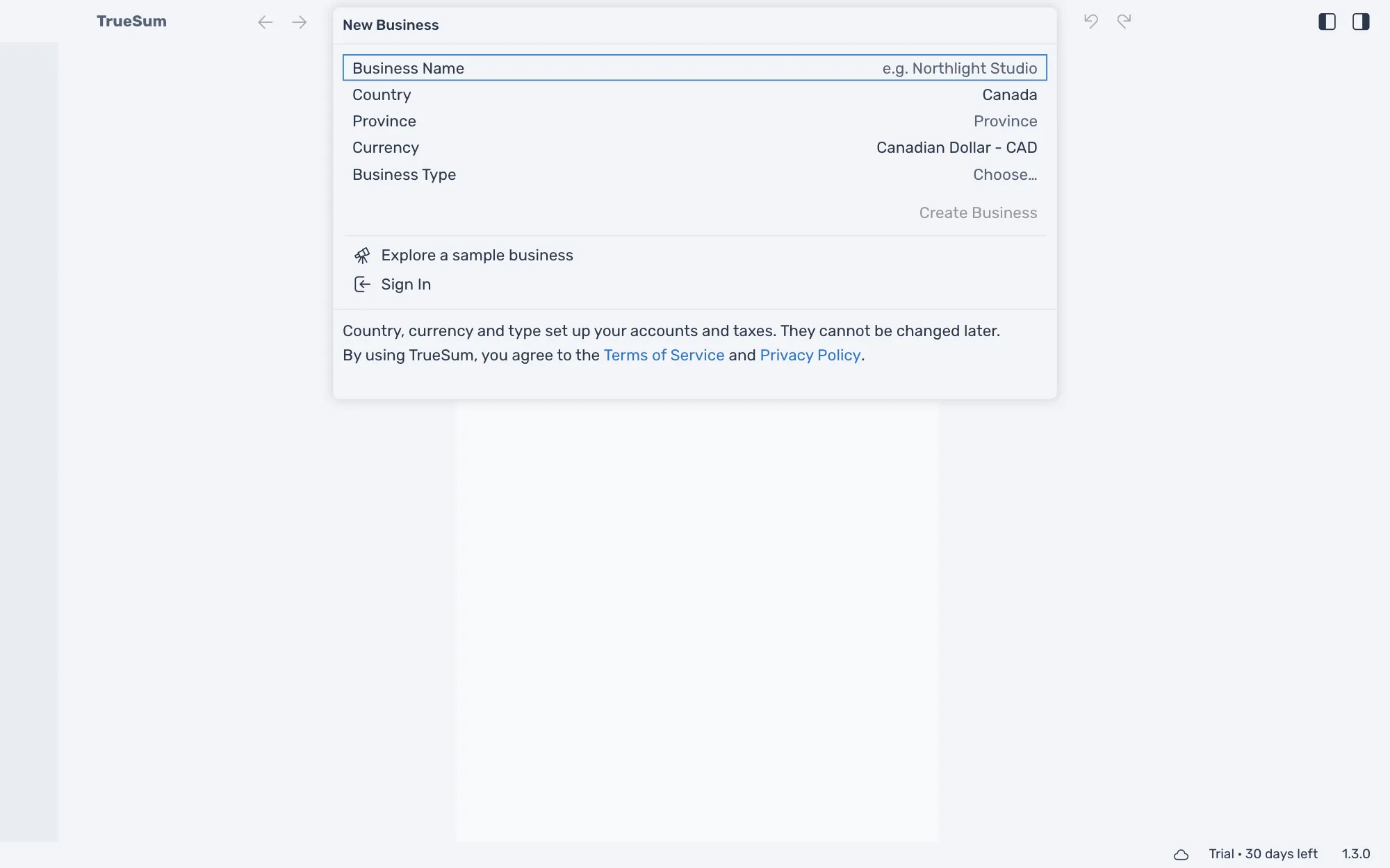 TrueSum open for the first time: the New Business form, with Country and Currency filled in and the trial's days in the status bar
