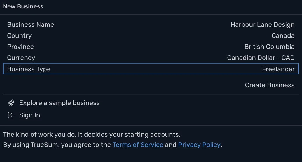 The New Business form filled in for a freelancer in British Columbia, with Create Business ready to press