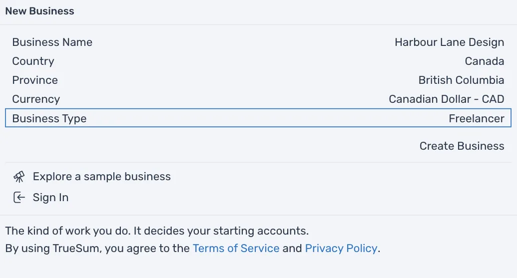 The New Business form filled in for a freelancer in British Columbia, with Create Business ready to press