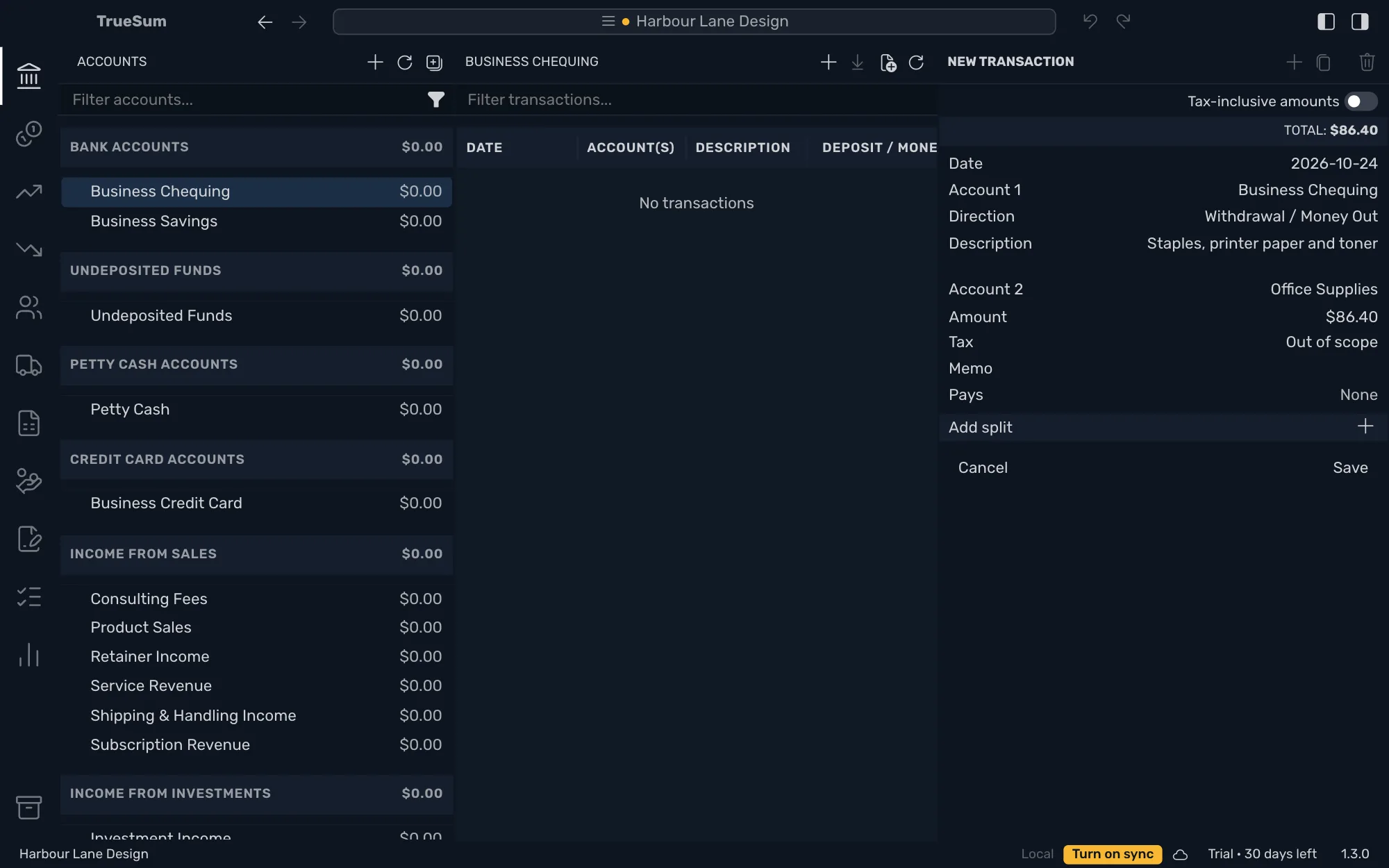 Business Chequing open with a new expense in the right sidebar: today's date, Withdrawal / Money Out, the description Staples, printer paper and toner, Office Supplies and an amount of $86.40