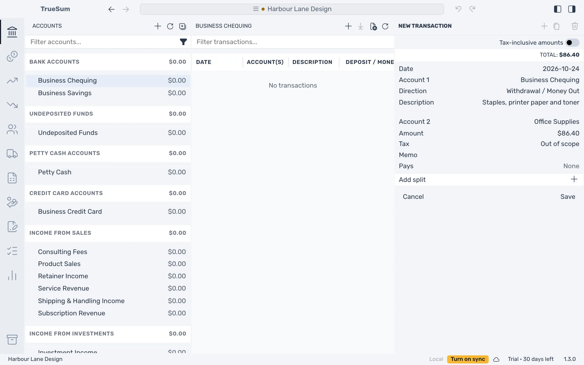 Business Chequing open with a new expense in the right sidebar: today's date, Withdrawal / Money Out, the description Staples, printer paper and toner, Office Supplies and an amount of $86.40