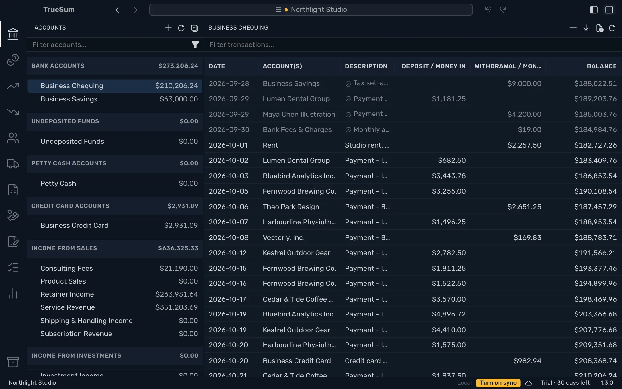 Northlight Studio open on its Business Chequing account: the accounts in the sidebar with their balances, and a year of deposits and withdrawals in the list