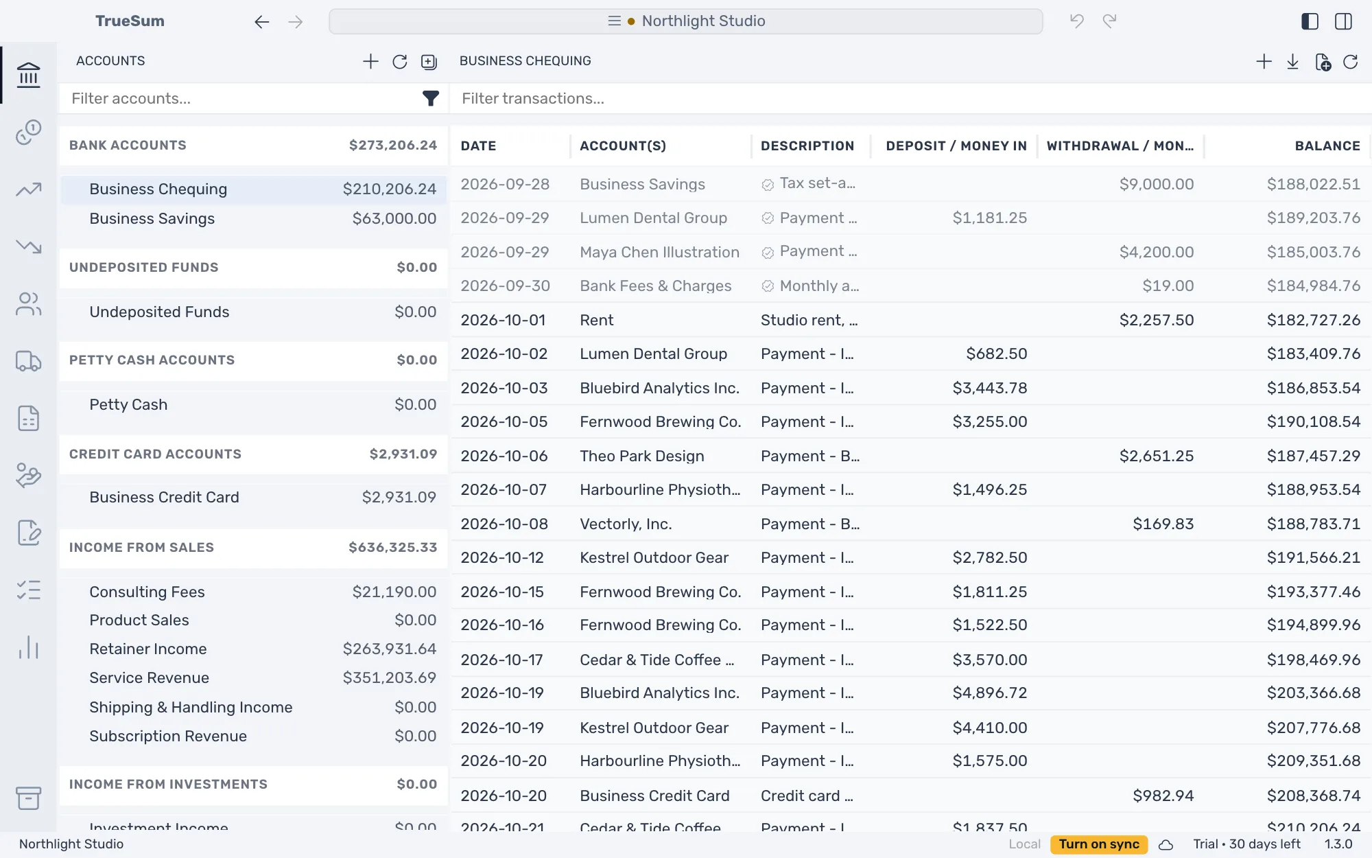 Northlight Studio open on its Business Chequing account: the accounts in the sidebar with their balances, and a year of deposits and withdrawals in the list