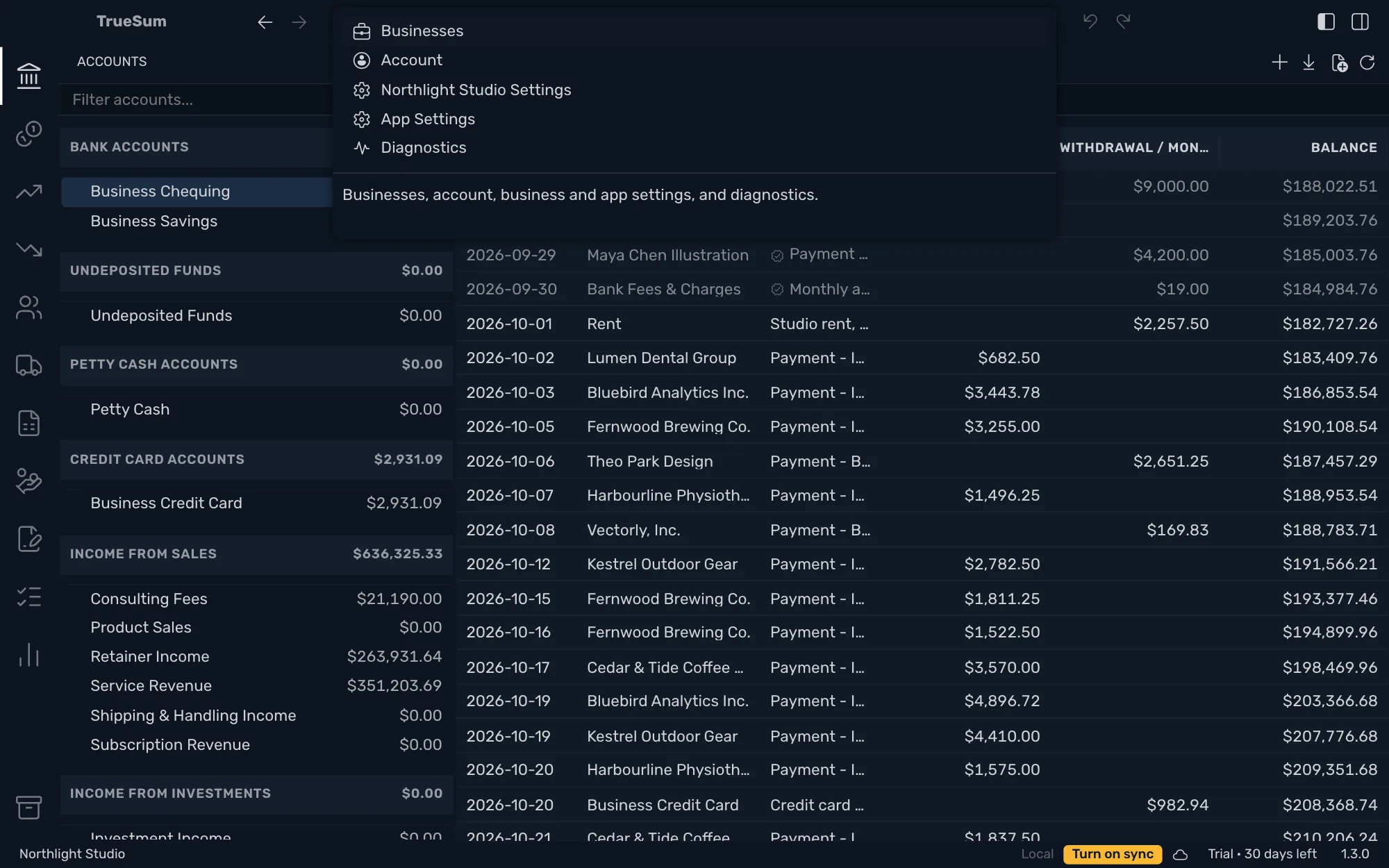 The Settings window over a business's register: Businesses, Account, the business's settings, App Settings and Diagnostics
