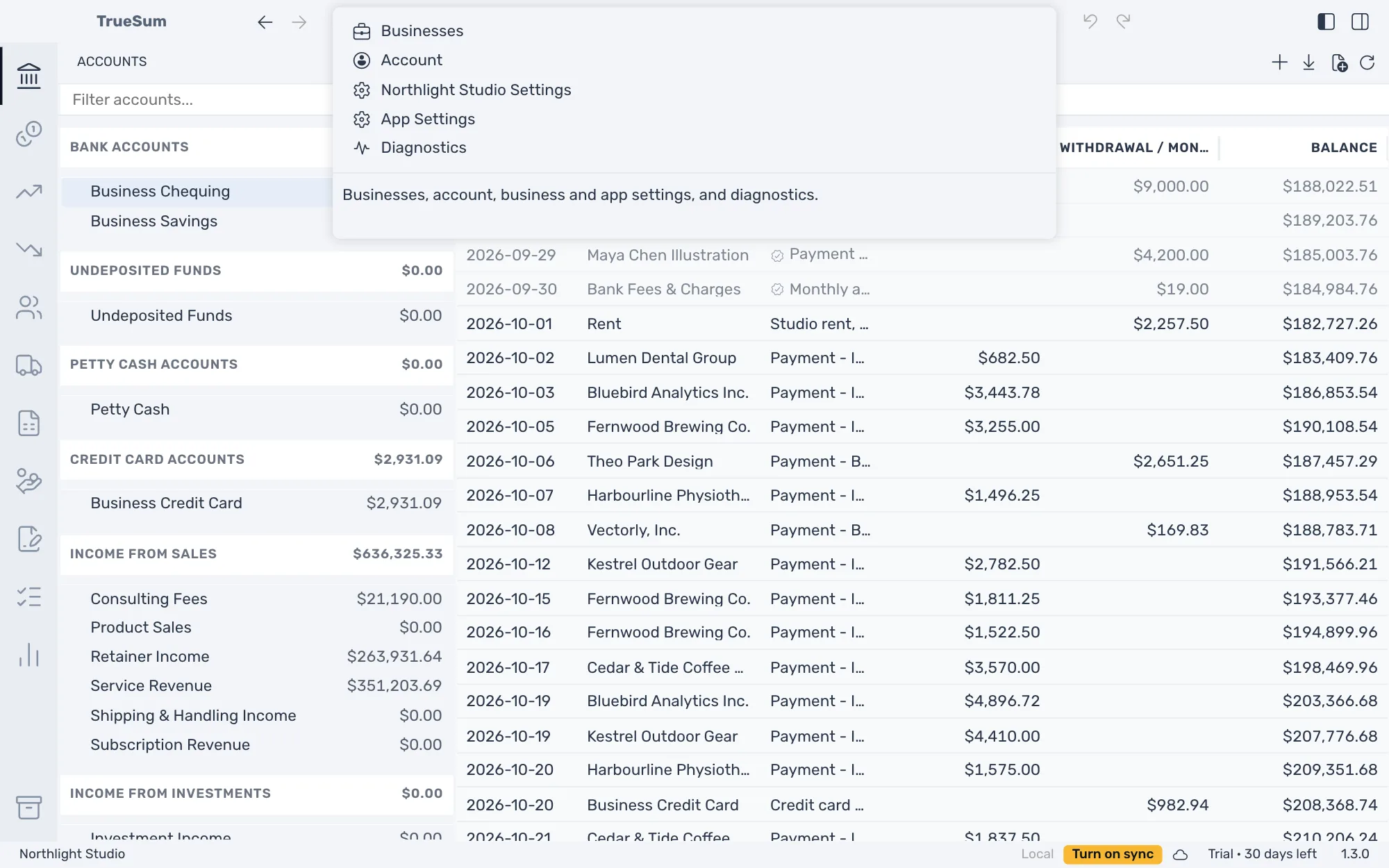 The Settings window over a business's register: Businesses, Account, the business's settings, App Settings and Diagnostics
