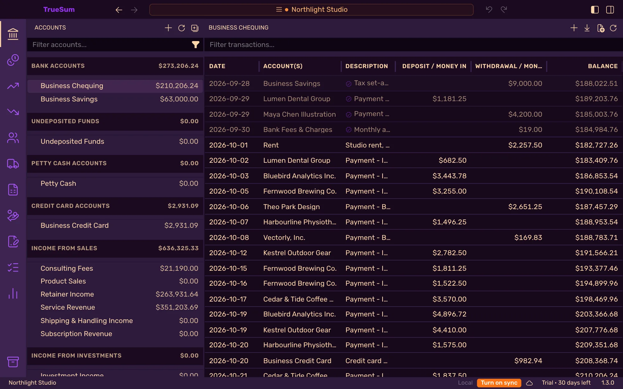 The Business Chequing register in the Halloween theme