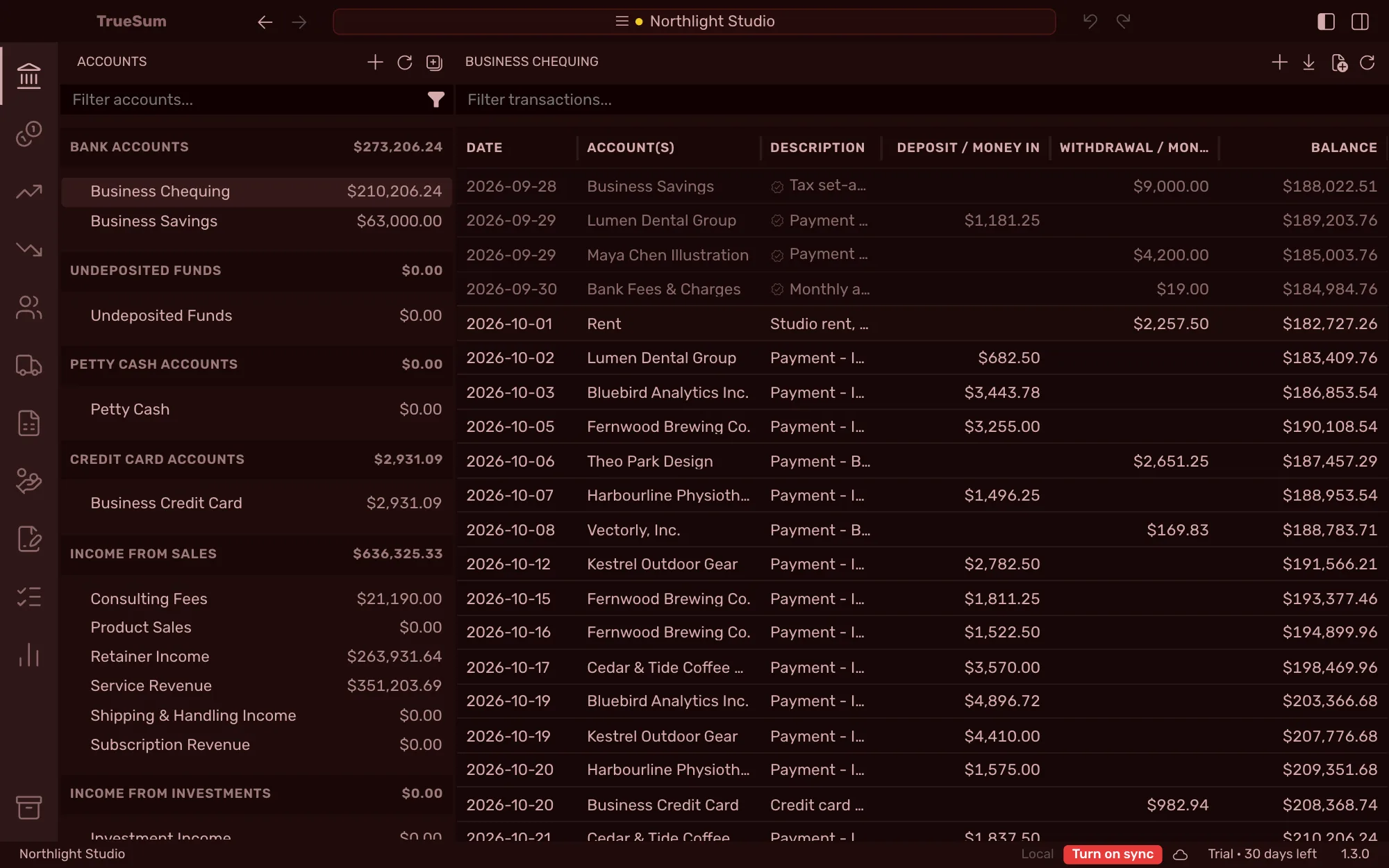 The Business Chequing register in the Red theme