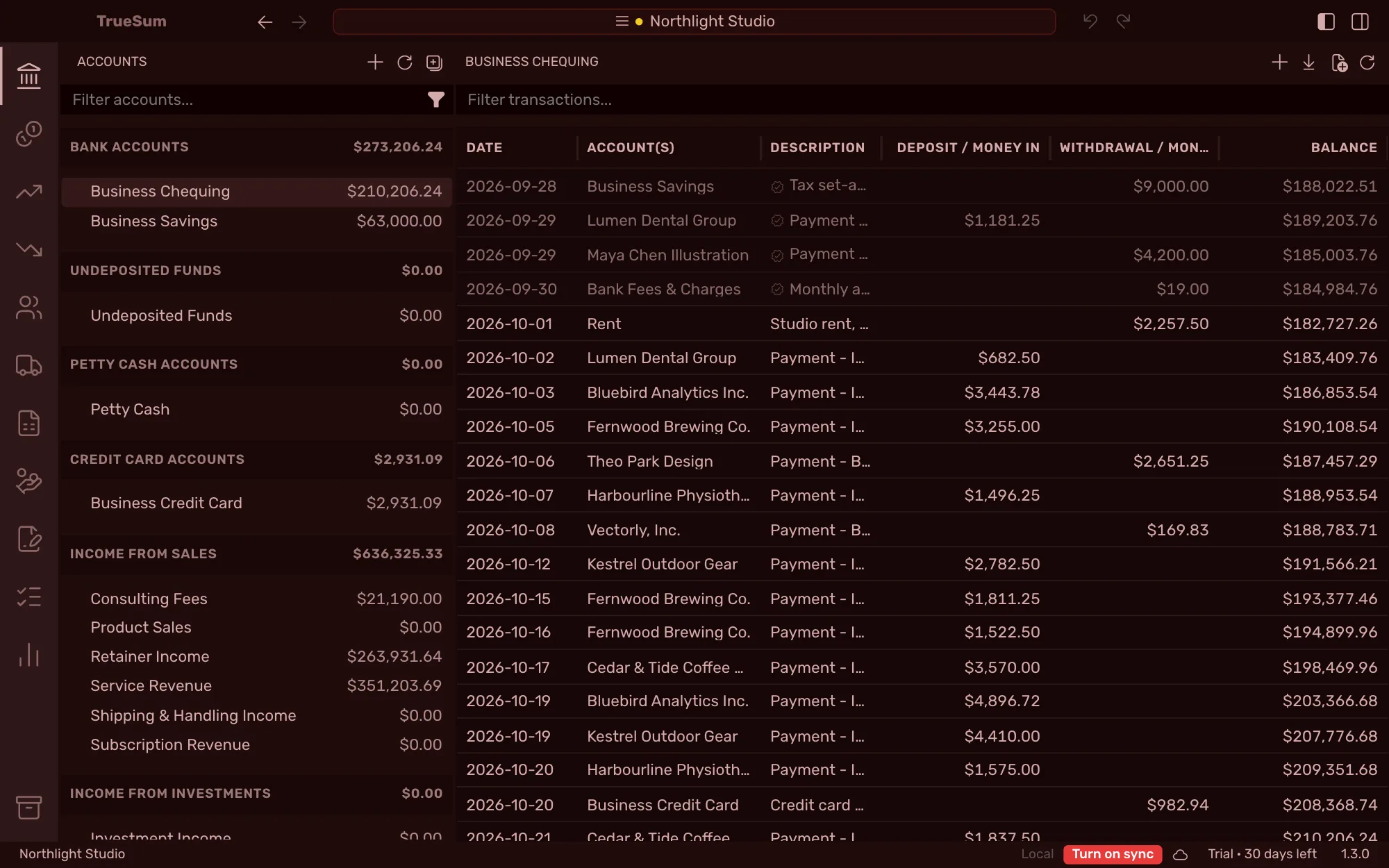 The Business Chequing register in the Red theme