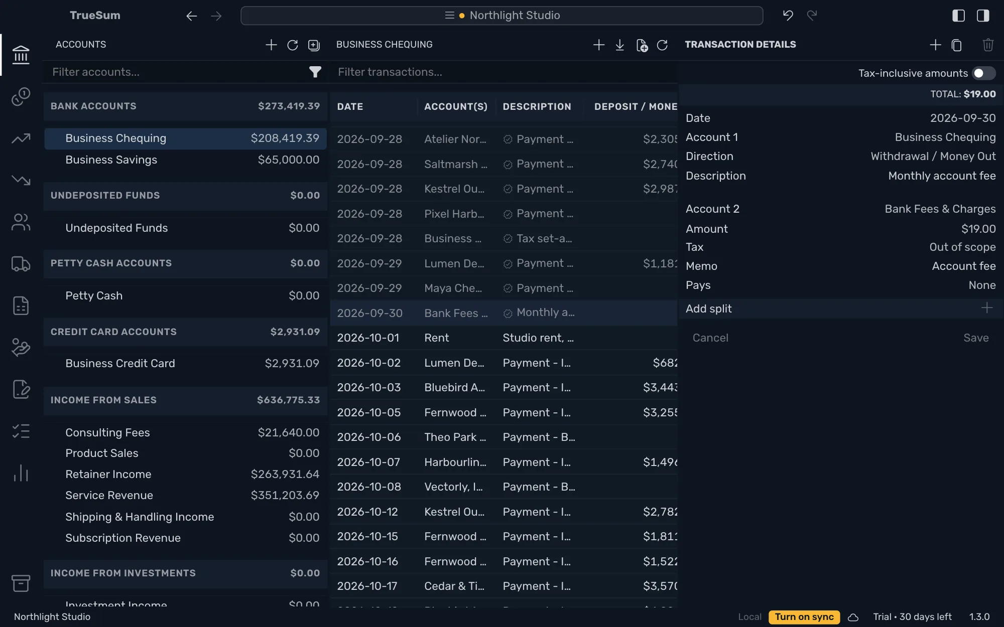 Business Chequing with a reconciled transaction open: its row and the rows of the other reconciled months are dimmed and marked with a check, and the form in the right sidebar shows its date, accounts and amount, which cannot be changed, for the description Monthly account fee and an amount of $19.00