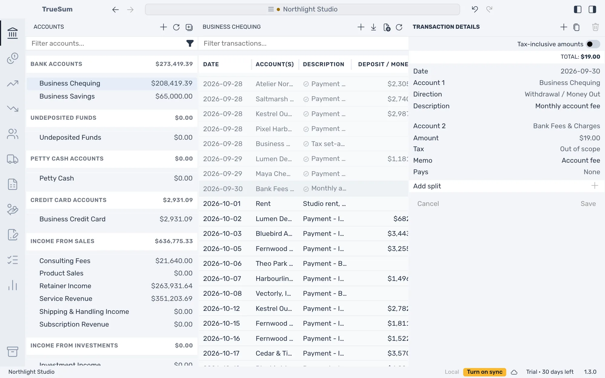 Business Chequing with a reconciled transaction open: its row and the rows of the other reconciled months are dimmed and marked with a check, and the form in the right sidebar shows its date, accounts and amount, which cannot be changed, for the description Monthly account fee and an amount of $19.00