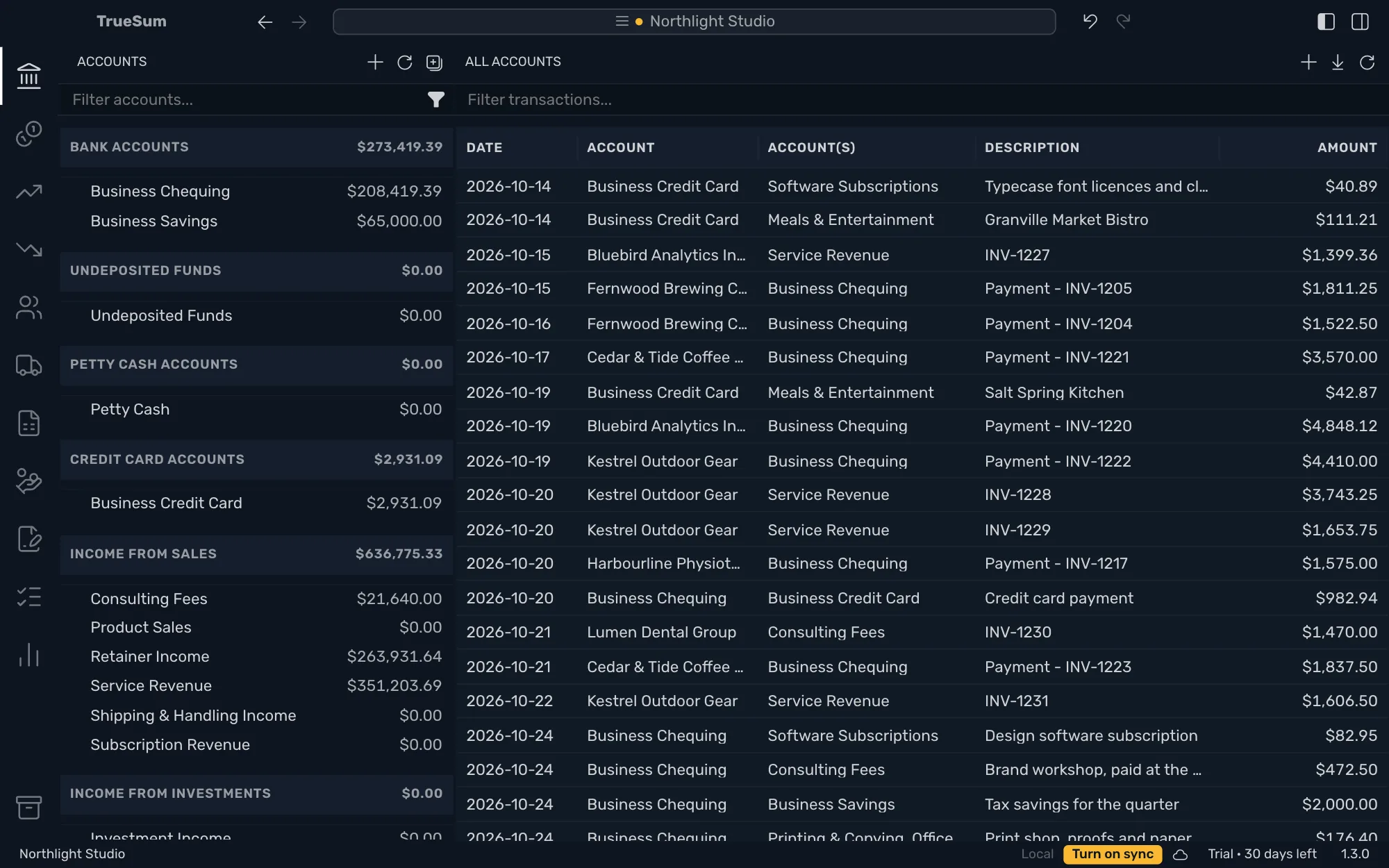 The list of every transaction in Northlight Studio: one row for each, with its date, first account, the other accounts, description and amount