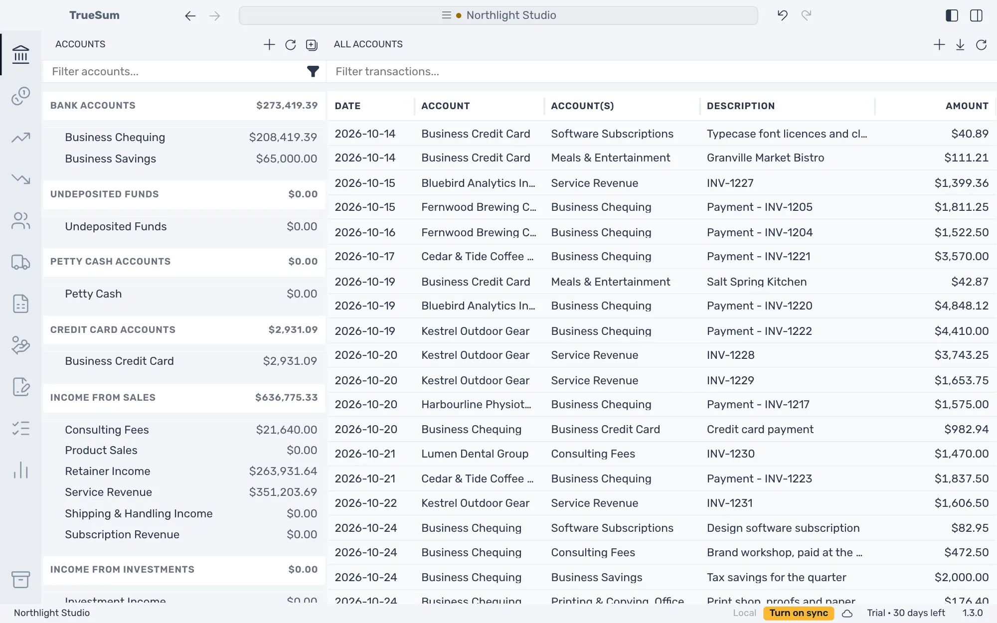The list of every transaction in Northlight Studio: one row for each, with its date, first account, the other accounts, description and amount