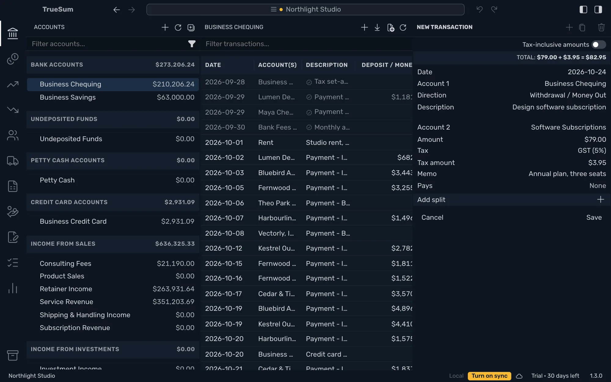 Business Chequing open with a new expense in the right sidebar: today's date, Withdrawal / Money Out, the description Design software subscription, Software Subscriptions, an amount of $79.00, GST (5%) and the memo Annual plan, three seats