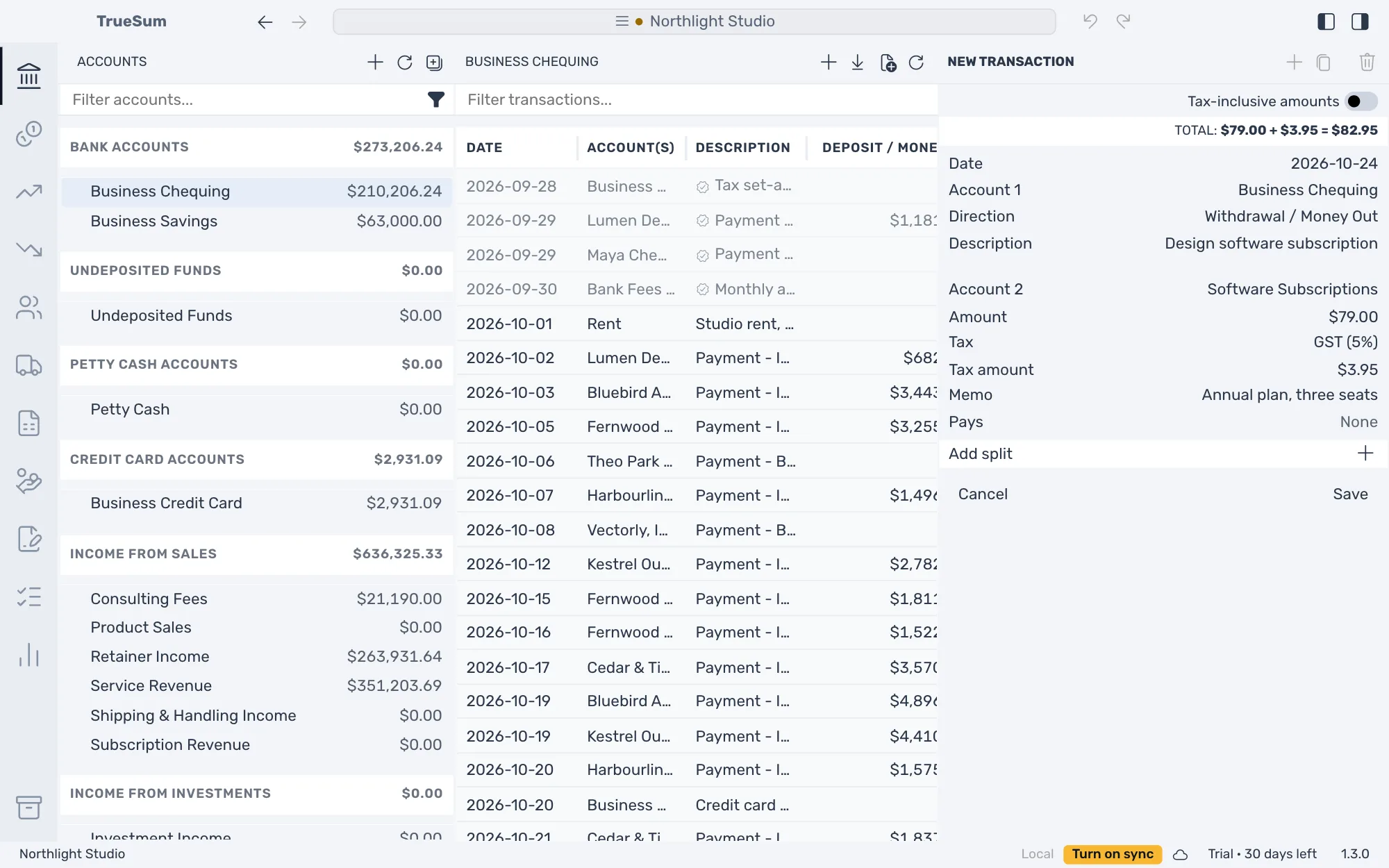 Business Chequing open with a new expense in the right sidebar: today's date, Withdrawal / Money Out, the description Design software subscription, Software Subscriptions, an amount of $79.00, GST (5%) and the memo Annual plan, three seats