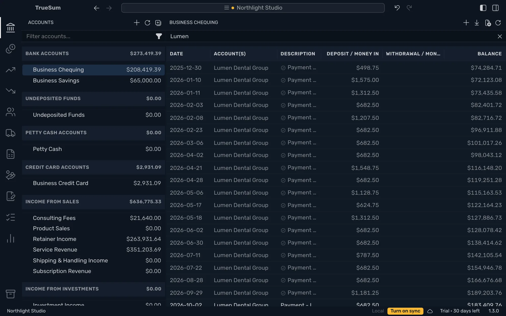 Business Chequing with Lumen typed in Filter transactions and only the rows that match: payments from Lumen Dental Group, with their dates, accounts, descriptions and amounts