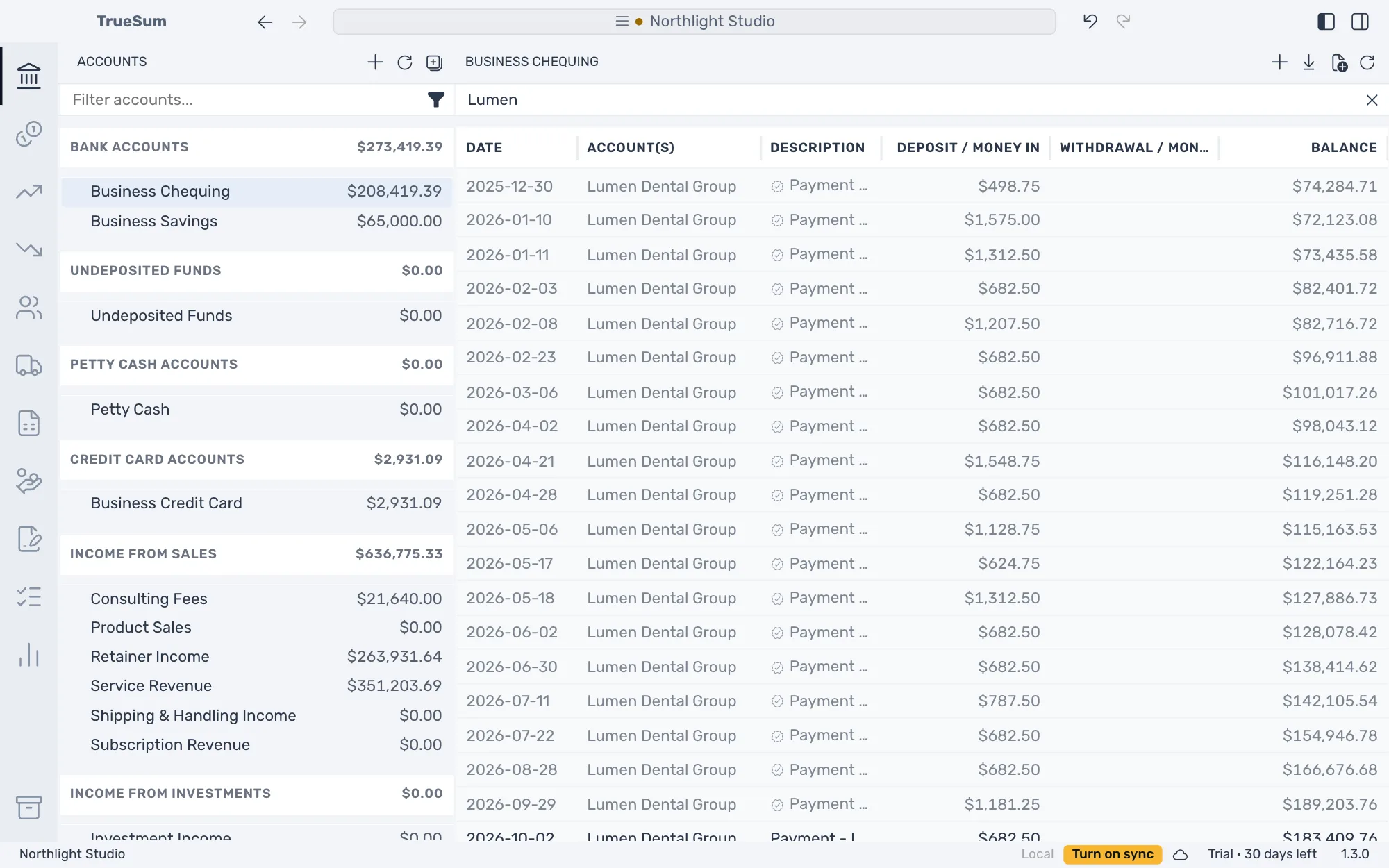 Business Chequing with Lumen typed in Filter transactions and only the rows that match: payments from Lumen Dental Group, with their dates, accounts, descriptions and amounts