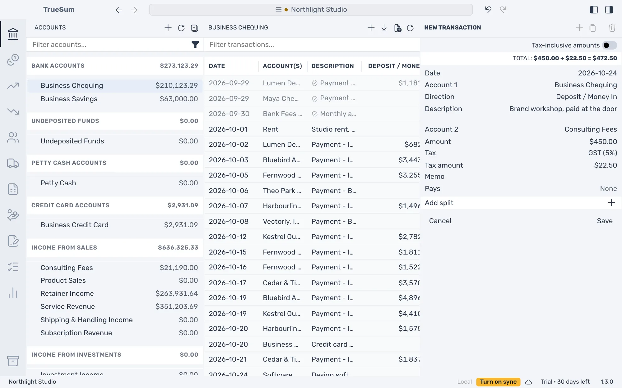 Business Chequing open with money received in the right sidebar: Deposit / Money In, the description Brand workshop, paid at the door, Consulting Fees, an amount of $450.00 and GST (5%), with a total of $450.00 plus $22.50 equals $472.50