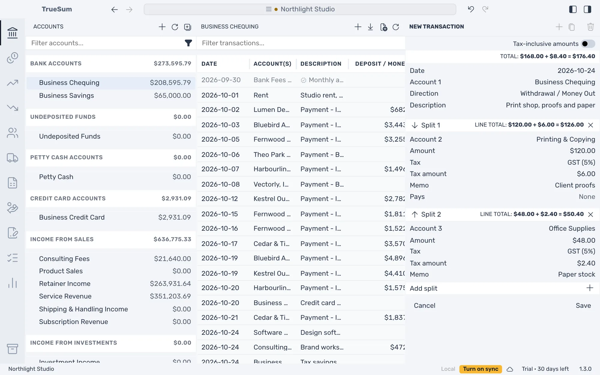 Business Chequing open with a new transaction in two parts in the right sidebar: Split 1 is Printing & Copying for $120.00 with GST (5%) and the memo Client proofs, Split 2 is Office Supplies for $48.00 with GST (5%) and the memo Paper stock, and the total at the top is $168.00 plus $8.40 equals $176.40