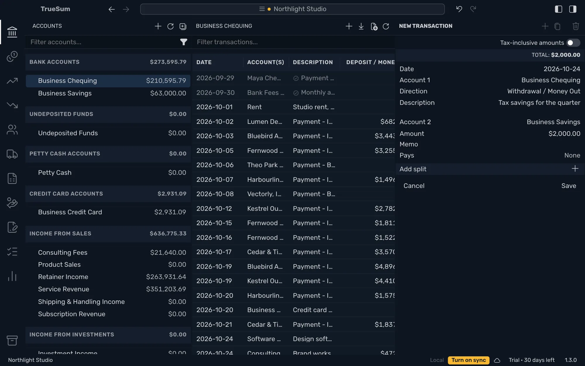 Business Chequing open with a new transfer in the right sidebar: Withdrawal / Money Out, the description Tax savings for the quarter, Business Savings as Account 2 and an amount of $2,000.00, with no Tax line