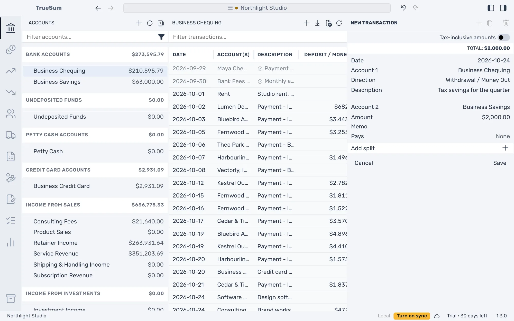 Business Chequing open with a new transfer in the right sidebar: Withdrawal / Money Out, the description Tax savings for the quarter, Business Savings as Account 2 and an amount of $2,000.00, with no Tax line