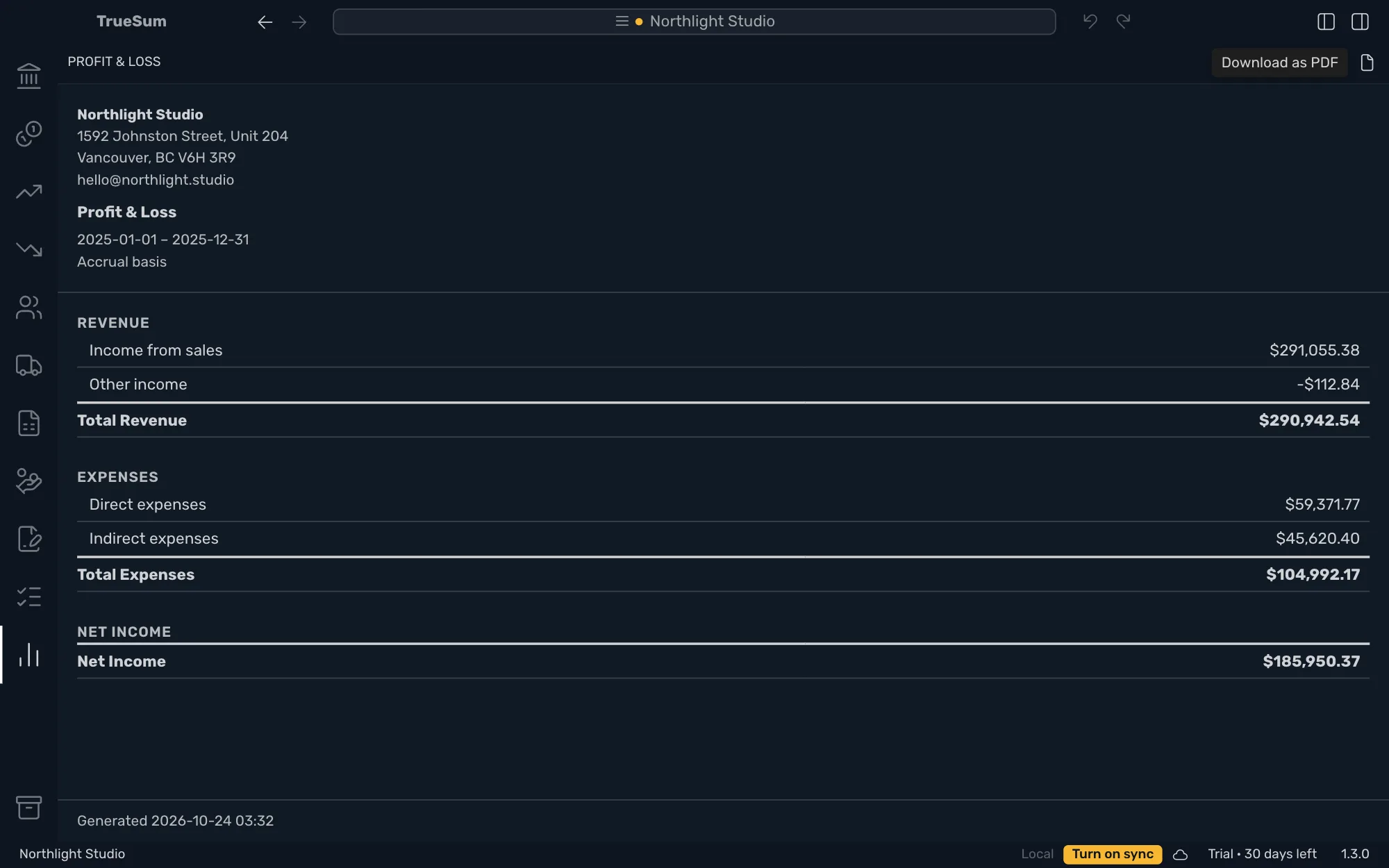 The Profit & Loss with both sidebars closed and the pointer on the last button above the report, showing its tooltip, Download as PDF