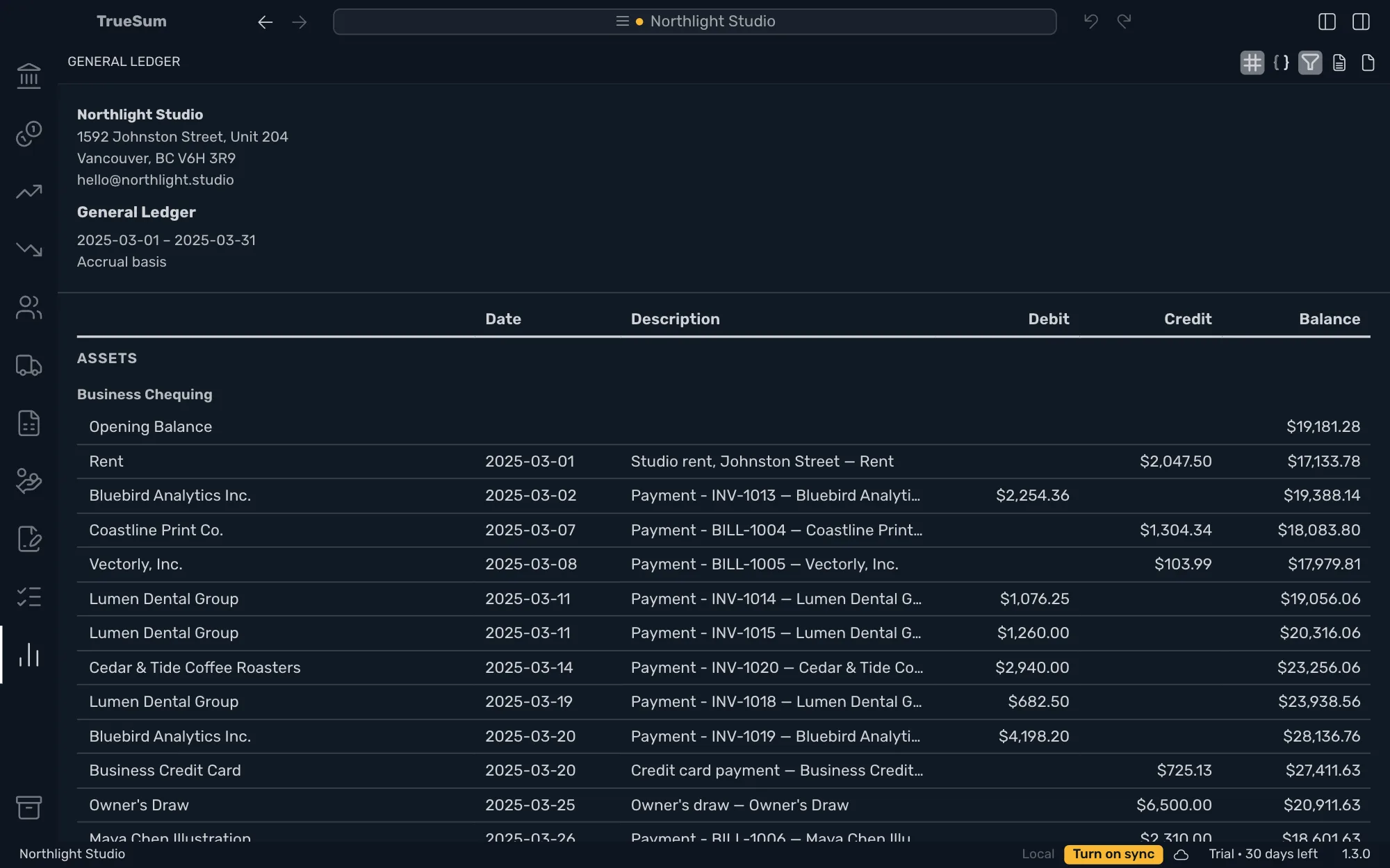 The General Ledger for March of last year with both sidebars closed: Business Chequing with its Opening Balance, then a row for each entry with Date, Description, Debit, Credit and Balance