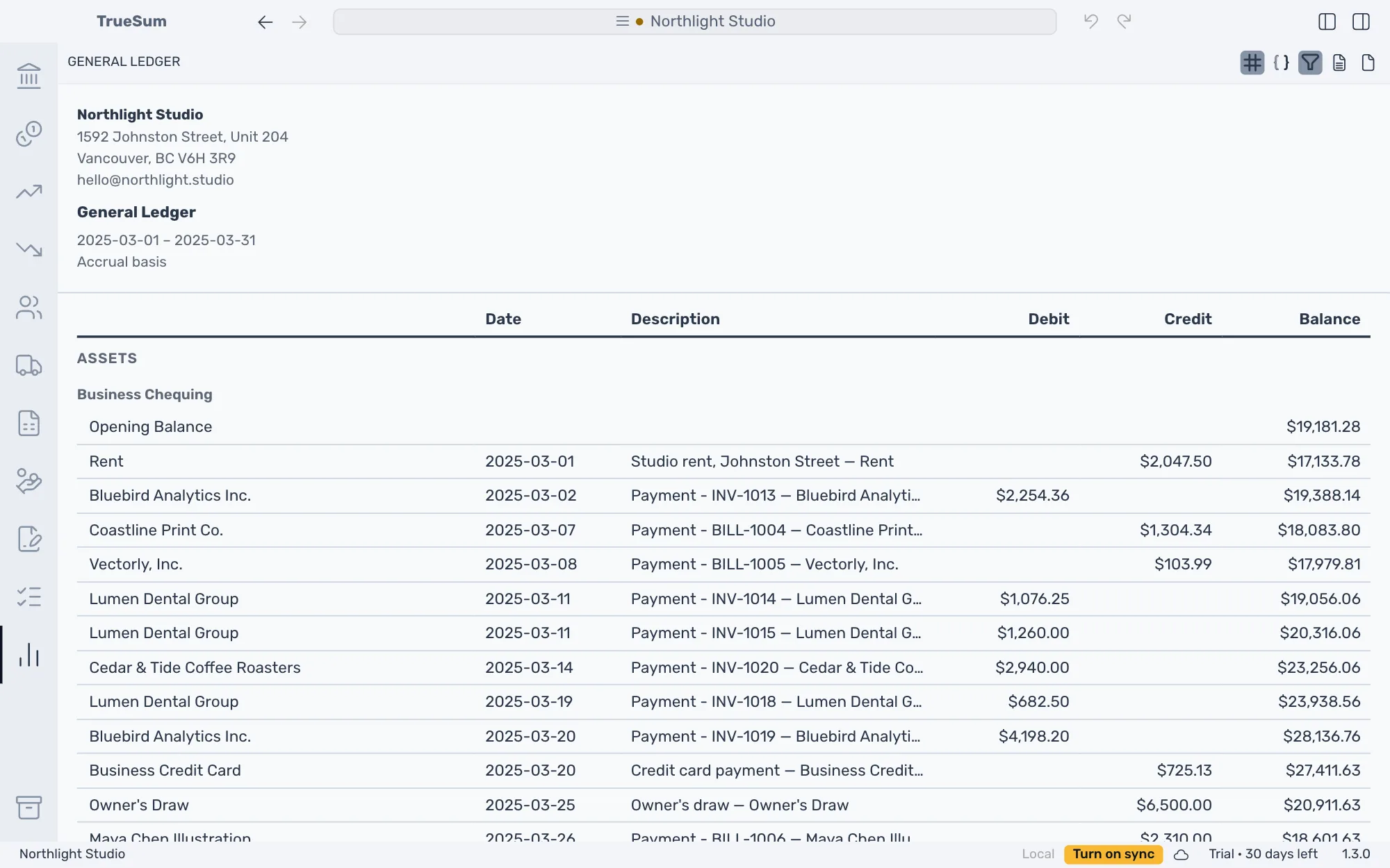 The General Ledger for March of last year with both sidebars closed: Business Chequing with its Opening Balance, then a row for each entry with Date, Description, Debit, Credit and Balance