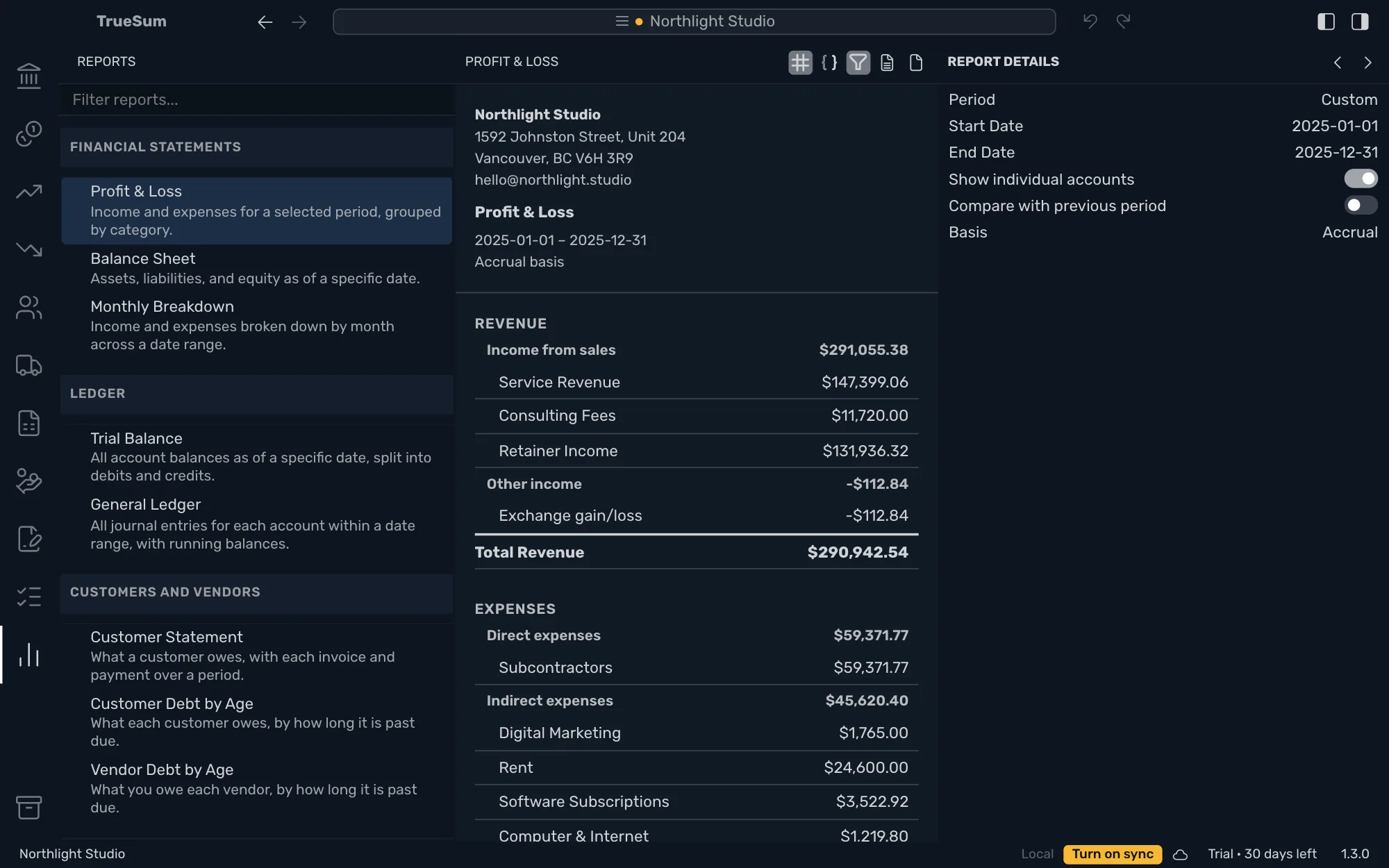 The Reports screen with the Profit & Loss open: the Reports sidebar with its groups, the report with five buttons above it, and Report Details on the right