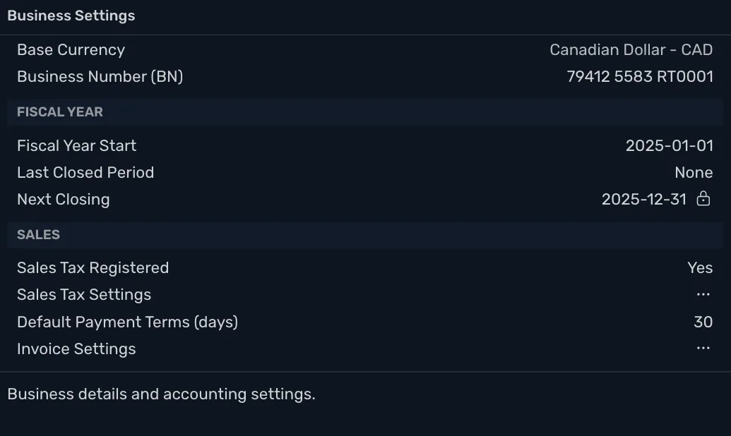 Business Settings scrolled to the Sales section: Sales Tax Registered set to Yes, Sales Tax Settings, Default Payment Terms (days) and Invoice Settings